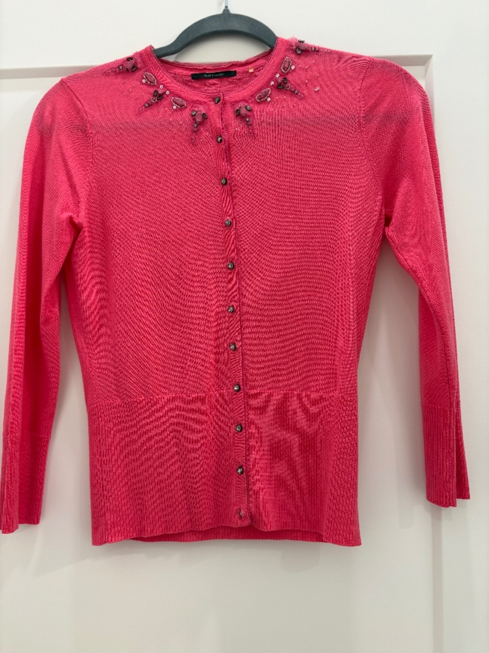 ELIE TAHARI Pink 3/4 Sleeve Wool Bejeweled Trim Sweater; Size: XS;